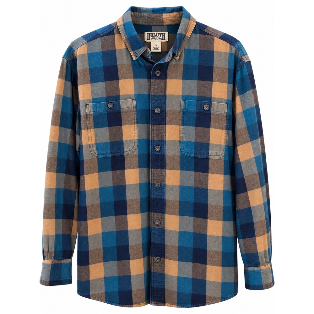 Duluth Trading Co Men's L Plaid Flannel Shirt Blue Teal Tan Relaxed Fit Cotton